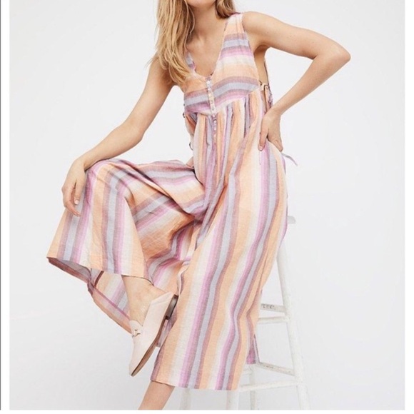 Free People Nora Jumpsuit Sz Small Wide Leg Cotton Linen Pockets Boho Hippie EUC - Picture 1 of 15